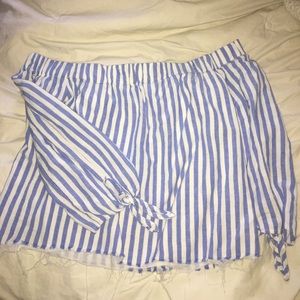 a off the shoulder blue and white crop top